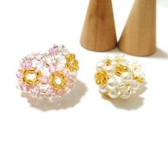 ビーズリング ハンドメイド ハートモチーフフラワー パール&ゴールド フラワー♪