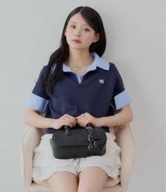 Chico 半袖ポロニット ネイビー Chico ニット セーター ケーブルポロ半袖ニット レディース
