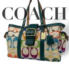 美品 4876 COACH コーチ トートバッグ シグネチャー レザー グリーン