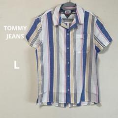 TOMMY JEANS トミー　マルチストライプキャンプシャツ半袖シャツ　L
