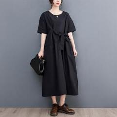 夏物新品 ブラック ロングワンピース 切り替え 着痩せ 体型をカバー ボウタイ