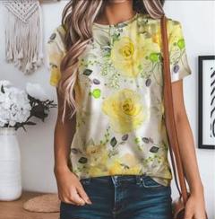 バラの花柄 イエロー半袖 Tシャツ　M
