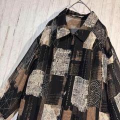 【シースルー 7分袖 ブラウス】総柄 レトロデザイン 黒×茶色×白 薄手 シャツ