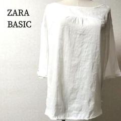 ZARAベーシックシアーホワイト ボートネック 半袖ブラウス シャツバック釦