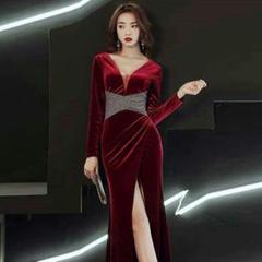 赤いベルベットのイブニングドレス女性のハイエンド宴会スカートS-2XLER
