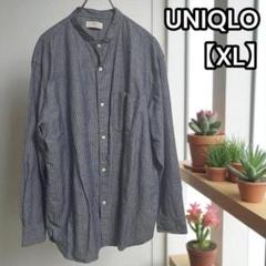 美品★UNIQLO【ユニクロ】麻混 ノーカラー 長袖シャツ ストライプ Lのサムネイル