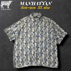 80s90s マンハッタン 総柄半袖シャツ 実寸XL レーヨン 韓国古着
