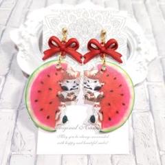 再販★斬新で可愛い♡夏の猫のたまり場スイカのピアス♡大ぶり赤いステッチリボン☆