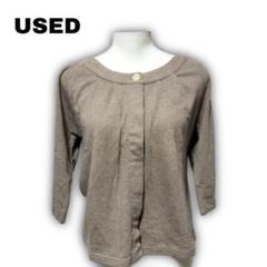 1809★ 【used】　ノーカラー　シャツ　比翼ボタン　ブラウン系　綿　七分袖