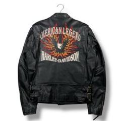 【美品】ハーレーダビッドソン レザージャケット シングルライダース 刺繍 黒 Harley Davidson - 【稀少！金糸刺繍！限定品！】山羊&牛革