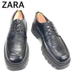 極美品 ZARA モックトゥ ドレスシューズ （27.5㌢） トラックソール 黒 美品 ZARA ザラ モックトゥ厚底チャンキーヒールレザーシューズ