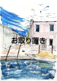原画#3628 黒猫 ベネチア 水彩画 ドローイング インテリア