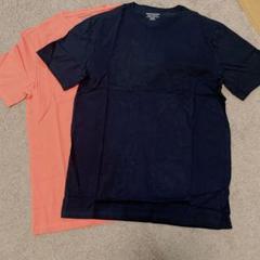 オレンジ　紺色　2枚組Tシャツ クルーネック 半袖 メンズ