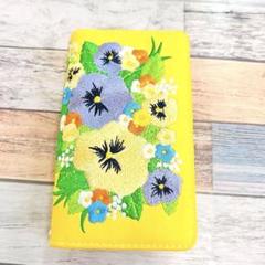 SHG09カバー スマホ ケース 手帳型 パンジー リボン 刺繍 イエロー