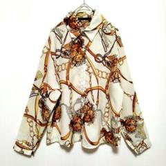 スカーフ柄　ポリシャツ　チェーン　長袖　ゆったりサイズ　XL