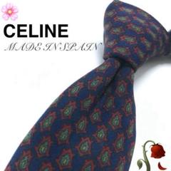 【美品】CELINE セリーヌ ネクタイ 総柄 ネイビー 紺 レッド 赤