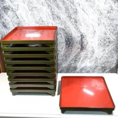 木製 漆器 緑内朱 脚付会席膳 10客セット 江戸時代後期 骨董品 黒漆木箱付き 木製 漆器 緑内朱 脚付会席膳 10客セット 江戸時代後期 骨董品