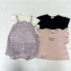 【まとめ売り】シンプルフリー花柄サロペット＆Tシャツセット 70