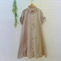 【レスピーギ】 ロングワンピース シャツワンピ ストライプ （M） 体型カバー