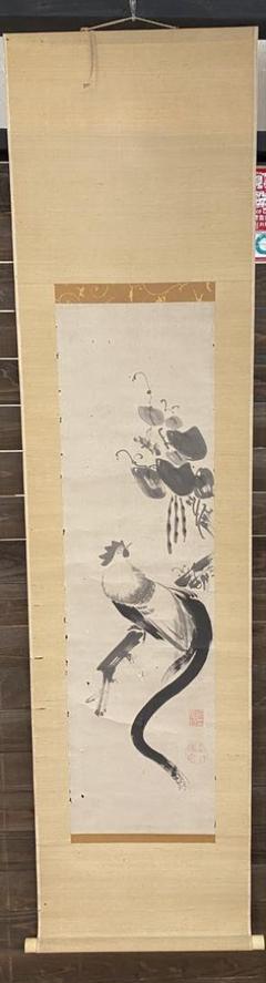 3-2274 掛軸　模写　伊藤若仲　鶏之図　双鶏 3-2274 掛軸 模写 伊藤若仲 鶏之図 双鶏 - メルカリ