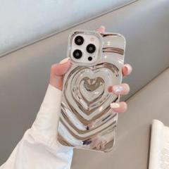 シルバー iPhone15 カバー iPhoneケース ハート 韓国 メタル