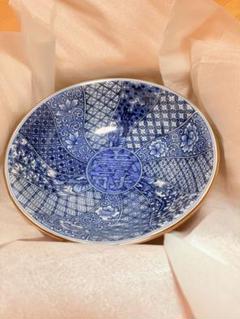 有田焼 忠山作 草花文 染付 寿　菓子器 新品 未使用品 別箱付