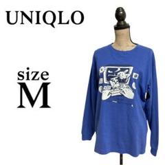 P2300 ユニクロ 【M】 メンズ　Tシャツ　ロンT プリント　青　綿100%