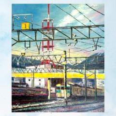 風景画「山間を走る列車」　鉄道風景 北アルプス 油彩画 印象派風 山 風景画「山間を走る列車」 鉄道風景 北アルプス 油彩画 印象派風