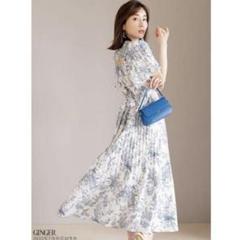 リボンベルト付き花柄消しプリーツフレアワンピース