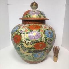 骨董 大型 薩摩焼 白薩摩 丸十字家紋 色絵金彩花 沈香壺 花瓶 年代物 骨董 大型 薩摩焼 白薩摩 丸十字家紋 色絵金彩花 沈香壺 花瓶