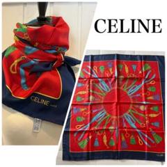 【美品】 CELINE　スカーフ　大判　総柄　チェーン　パリ　シルク　100 セリーヌ CELINE/スカーフ ネイビーブルー イエロー ロゴ