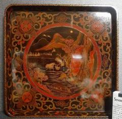 【最上作❗️】江戸時代後期～明治時代　金蒔絵色絵　山水に舟図　花唐草文様　四方盆 最上作❗️】江戸時代後期～明治時代金蒔絵色絵山水に舟図花唐草