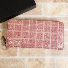 未使用 クロコダイルレザー ラウンドファスナー 長財布 ワニ革 ピンク 小銭室有
