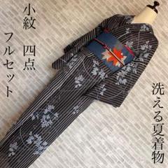 単衣 絽 紗 小紋 フルセット 縦縞 草花 洗える着物 夏 スモール
