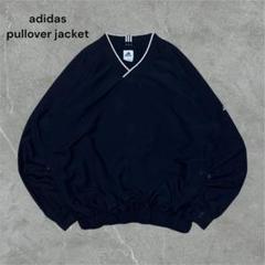 古着アディダスナイロンプルオーバー黒 Vネックラグラン袖 刺繍ロゴビッグサイズ レア90s《アディダス》刺繍プルオーバーナイロンジャケット