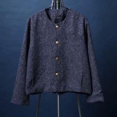 ANPAS ノーカラージャケット ツイード ネイビー 青 L 金ボタン 短丈 ANPAS ノーカラージャケット ツイード ネイビー 青 L 金ボタン