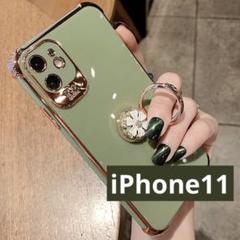 iPhone11用ケース グリーン ゴールド フラワー かわいい TPU