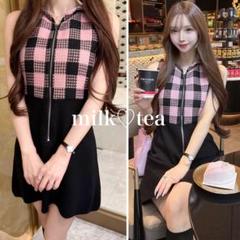 新品 ルミニョン Candy check panel zip dress ピンク