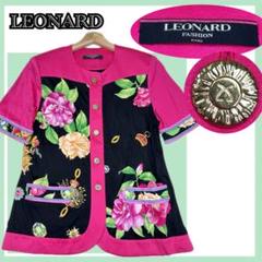 ✨美品✨LEONARD 花柄 総柄 金ボタン 半袖 カーディガン ピンク M