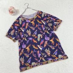 個性的✨半袖カットソー Ｔシャツ 総柄 靴 デザイン ブラック系 レトロ 婦人