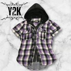 00s当時物y2kチェックシャツパーカー✴︎平成ギャルロックパンク古着屋オンブロ y2k 古着 レイヤード パーカー シャツ チェック 平成 グランジ