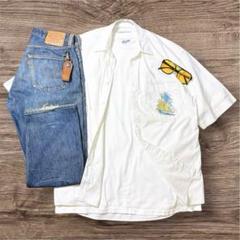 ヨット柄 半袖シャツ 白 L XL バックプリント 刺繍タグ アート 古着