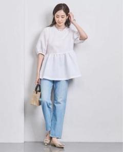 23ss【UNITED ARROWS】AIRYジャカード5SLペプラムブラウス白