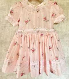 ハンドメイド 花柄ワンピース りぼん 90 ガーリー 薄ピンク