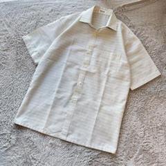 【美品】半袖 シャツ L 麻 綿 オフホワイト アイボリー ストライプ かりゆし