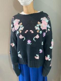 古着 ビンテージ 80s 花柄 総柄 ニット リネン セーター ザックリ