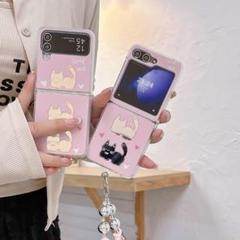 Galaxy Z Flip5 ケース ねこ ピンク カバー 韓国 ストラップ