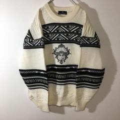【個性派古着】デザインニット　セーター　ワッペン　立体編み　エンブレム　L