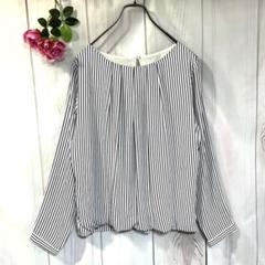 NATURAL BEAUTY BASIC 長袖ブラウス【L】ホワイト×ネイビー