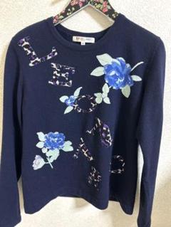 試着のみ★LEONARD★ブルー系人気花柄カンカンコンビニット 40 試着のみ☆LEONARD☆ブルー系人気お花柄カンカンコンビ